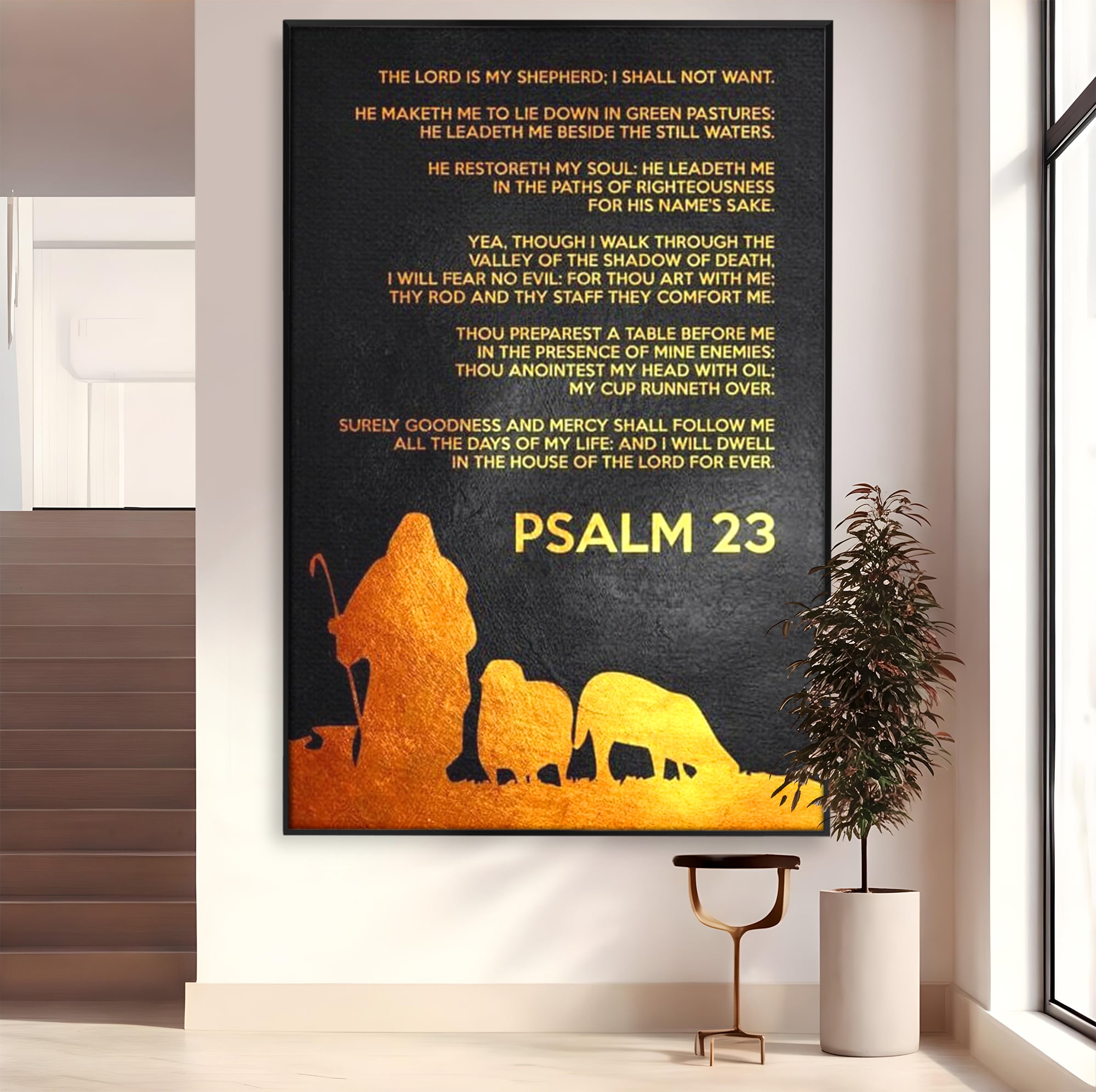 Tablou canvas cu tablou canvas cu psalm si silueta aurie, in rama de aluminiu negru